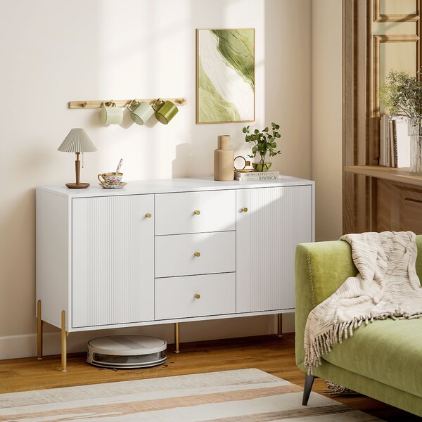 HOMCOM Credenza Moderna, Mobile Bar da Caffè con 3 Cassetti Silenziosi, 2 Ripiani Regolabili, 5 Gambe in Acciaio, Bianco | Aosom Italy