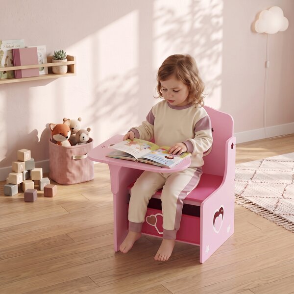 AIYAPLAY Set Tavolo e Sedia per Bambini 3-5 Anni in Legno MDF con Motivi a Cuore, Contenitore Integrato, Rosa | Aosom Italy