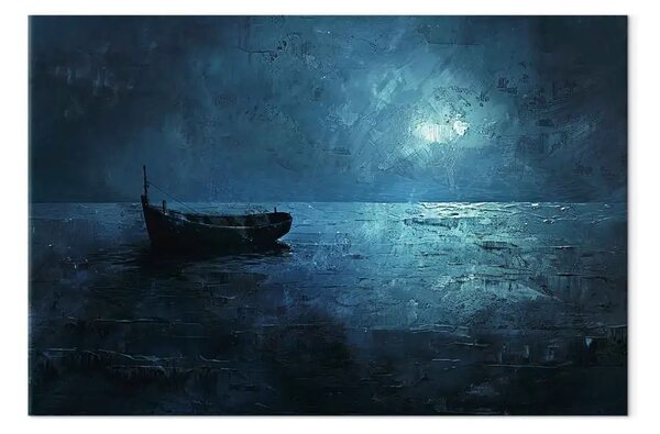 Quadro contemporaneo Notturno con barca - mare oscuro nei toni del blu profondo