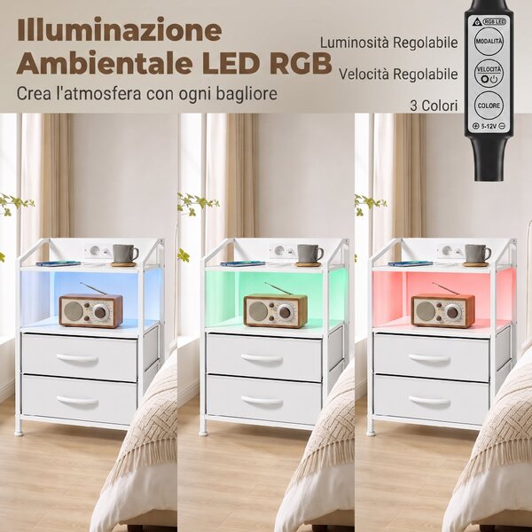 HOMCOM Set di 2 Comodini con Luci LED e Stazione di Ricarica, Bianco | Aosom Italy