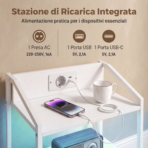 HOMCOM Set di 2 Comodini con Luci LED e Stazione di Ricarica, Bianco | Aosom Italy