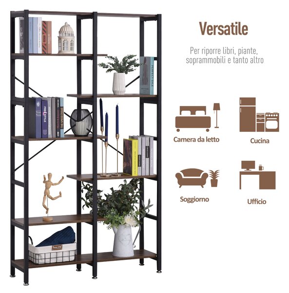 HOMCOM Libreria Scaffale con 6 Ripiani, Piedini Antiscivolo Regolabili, in Legno, Telaio in Metallo, Nero e Marrone, 100x30x182cm | Aosom