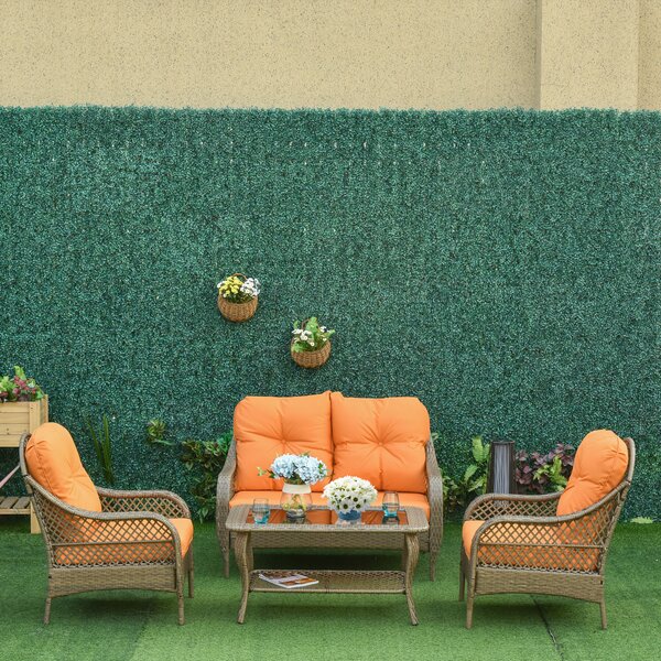 Outsunny Salotto da Giardino Rattan PE con 2 Poltrone Divano a 2 Posti e Tavolo e Cuscini, Colore Khaki e Arancione|Aosom