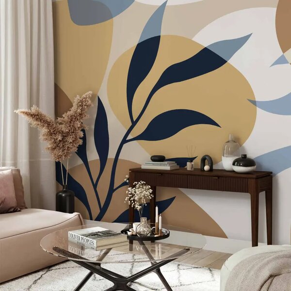 Carta da parati moderna Delicate rametti - Motivo minimalista con foglie su sfondo beige