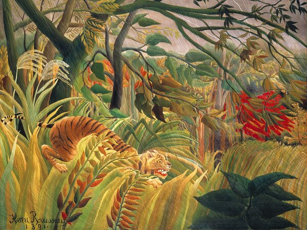 Stampa artistica Tiger in a Tropical Storn Rainforest Landscape - Henri Rousseau, (40 x 30 cm)