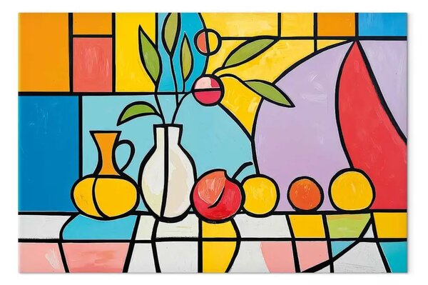 Quadro Ispirazioni Picasso - Vaso e frutta sul tavolo con tovaglia colorata