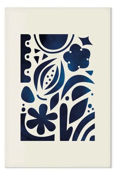 Quadro contemporaneo Giardino Notturno - fiori e foglie stilizzate in tonalità blu scuro