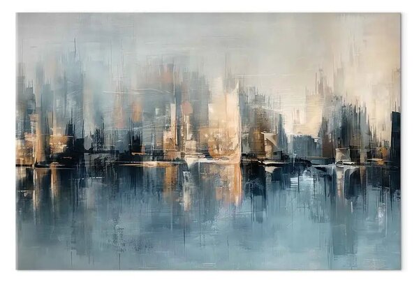 Quadro su tela Glass Skyscrapers – blurred urban landscape with reflection in water