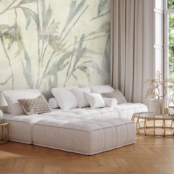 Carta da parati moderna Eleganza botanica: motivo decorativo a foglie su sfondo chiaro