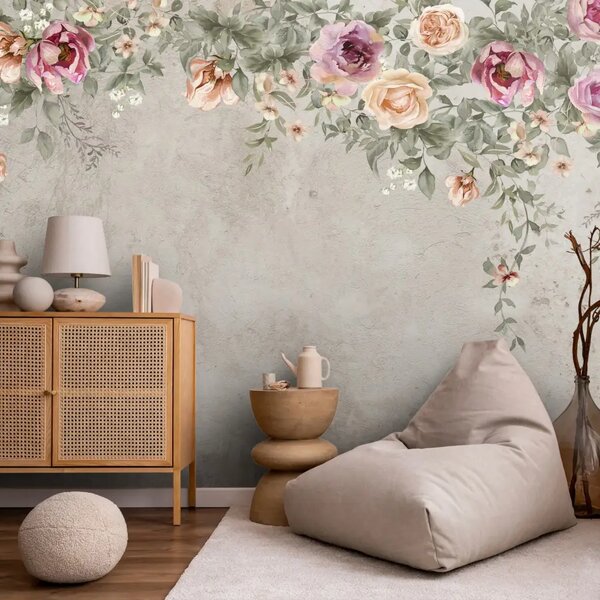 Carta da parati moderna Fascino floreale: rose e peonie dai toni pastello su sfondo beige