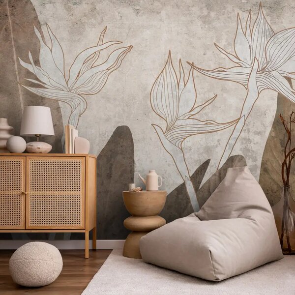 Carta da parati Botanical Sepia - fiori esotici in stile minimalista