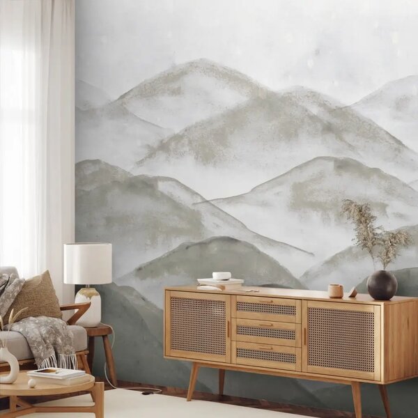 Carta da parati Colline tranquille - Un paesaggio stratificato immerso in una nebbia acquerellata beige