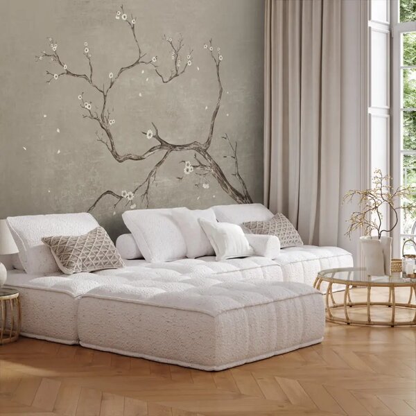 Carta da parati Ramo delicato - Un albero fiorito in stile zen con fiori bianchi