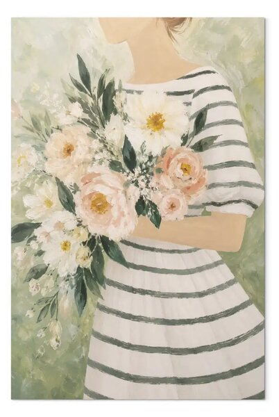 Quadro moderno Abito a righe - donna che tiene tra le mani un mazzo di fiori dai colori vivaci