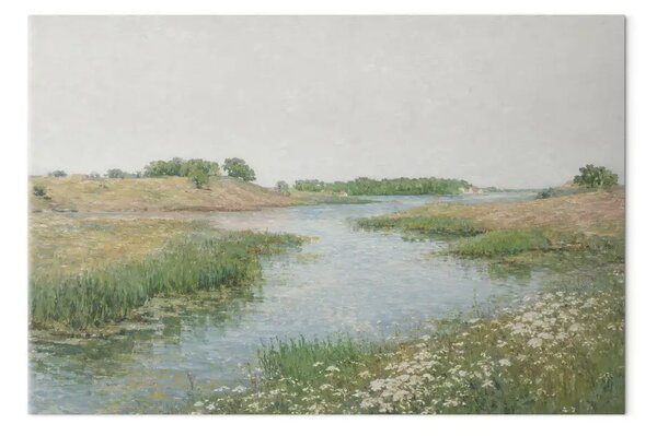 Quadro contemporaneo Un fiume tranquillo - un pittoresco paesaggio estivo ricco di erba verde