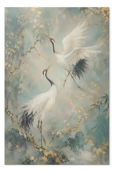 Quadro su tela Danza della gru - Uccelli giapponesi tra i rami dorati in fiore