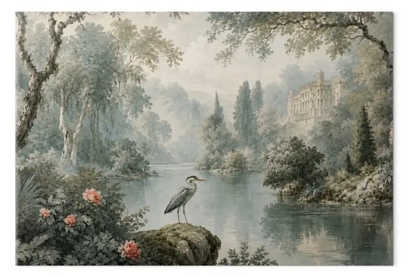 Quadro moderno Paesaggio classico: airone cenerino in riva al fiume, vecchio castello