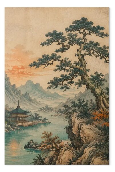 Quadro moderno Paesaggio giapponese: pino su una scogliera, pagoda, tramonto arancione
