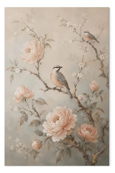 Quadro Ramo primaverile - un uccellino tra fiori di peonia rosa chiaro