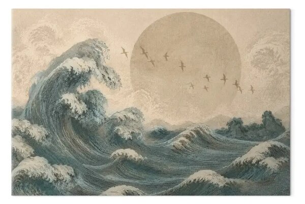 Quadro Onda giapponese: l'elemento mare, gli uccelli e il grande sole