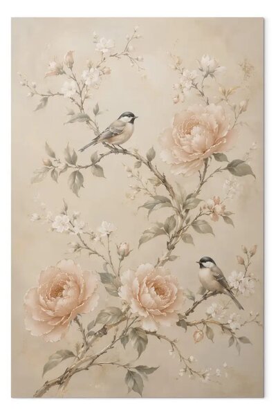 Quadro contemporaneo Peonie rosa - uccelli su rami fioriti su sfondo beige