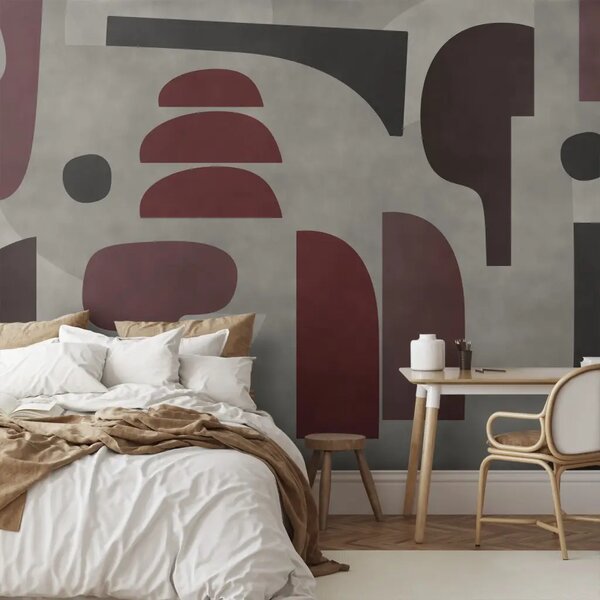 Carta da parati Figure color bordeaux - composizione geometrica astratta su sfondo grigio