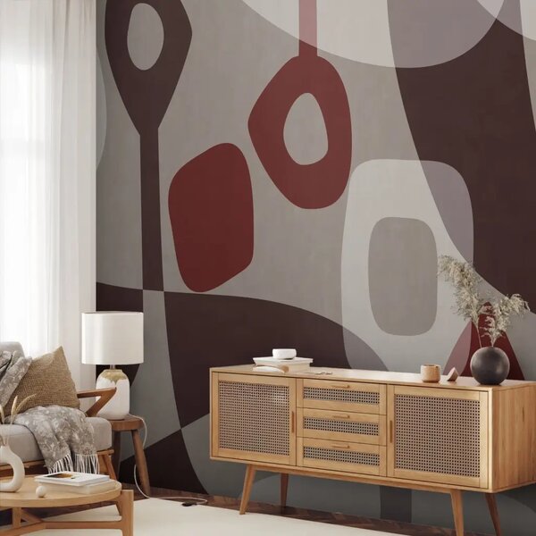 Carta da parati Figure color bordeaux: una composizione astratta di forme arrotondate e linee delicate