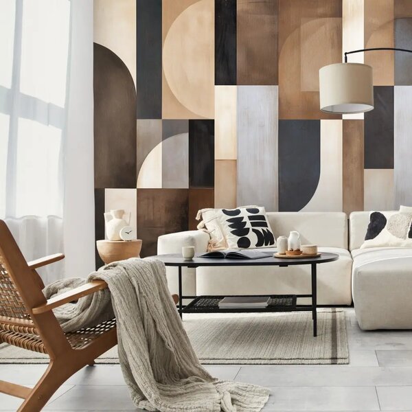Carta da parati Geometria Beige - Una composizione astratta di forme geometriche marroni e grigie