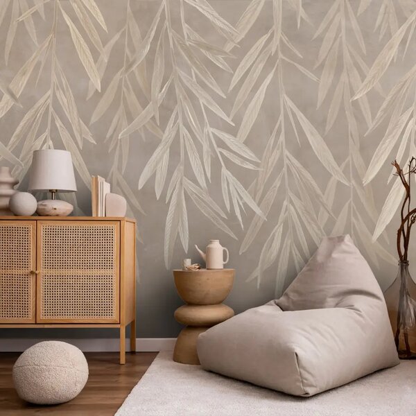 Carta da parati moderna Rami pendenti: delicate foglie beige su uno sfondo marrone chiaro