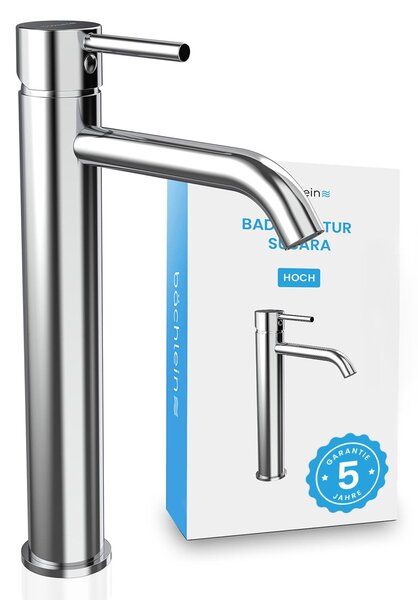 Rubinetto da bagno Bächlein Susara alto con bocca curva, miscelatore monocomando di design extra alto per lavabo da appoggio con cartuccia in Vetroceramica resistente e set di installazione, rubinetto da bagno cromato
