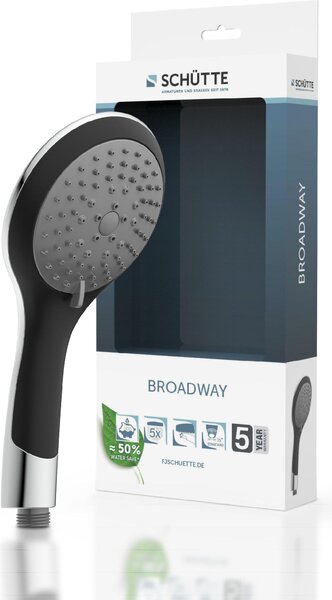 SCHÜTTE, soffione manuale BROADWAY per un'esperienza di doccia ottimale. Soffione per doccia con 5 diverse modalità di getto, finitura cromata/nera
