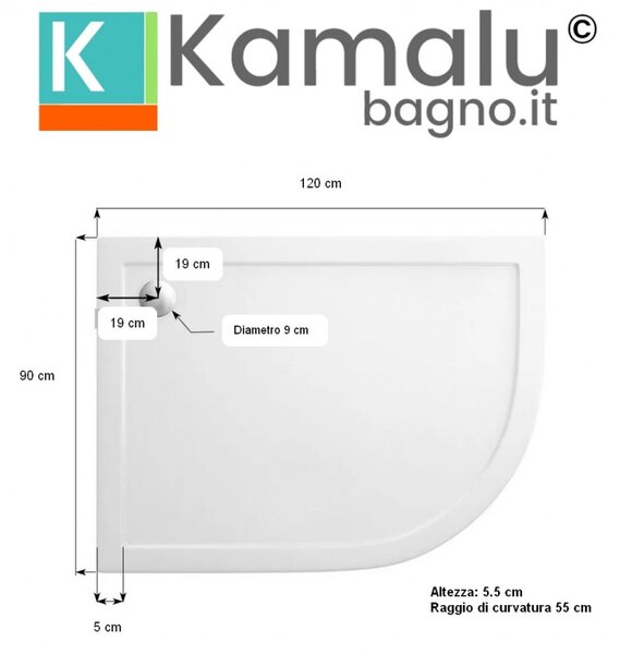 Piatto doccia 120x90 semicircolare versione sinistra KAM-1200 - KAMALU