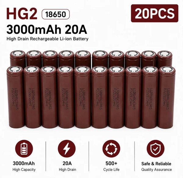 Batteria agli ioni di litio 18650 - Cella ad alta corrente con terminale piatto - 3,7 V - 3000 mAh - Corrente di scarica: 20 A - Ricaricabile - Confezione da 20