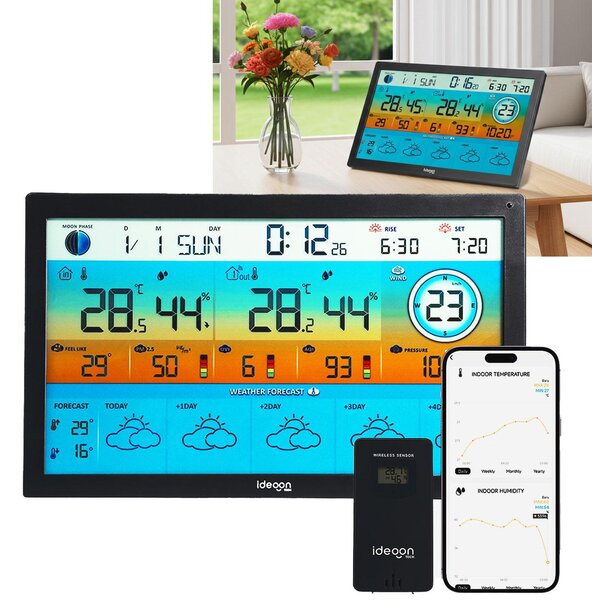 Stazione meteorologica wireless con display a colori XXL – previsioni del tempo per 5 giorni, termometro/igrometro, monitoraggio delle polveri sottili e dell'indice UV, barometro, compatibile con l'app Tuya