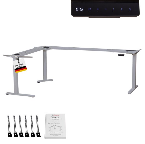 Struttura regolabile in altezza elettricamente, modello L7S, per scrivania angolare, colore argento. Scrivania angolare con funzione di memoria. Struttura del tavolo regolabile in altezza, con regolazione continua