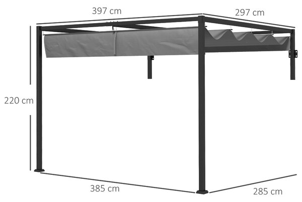 Outsunny Pergola Gazebo 3x4 m con Tettuccio Retrattile e Fori di Drenaggio, in Acciaio e Poliestere, Grigio