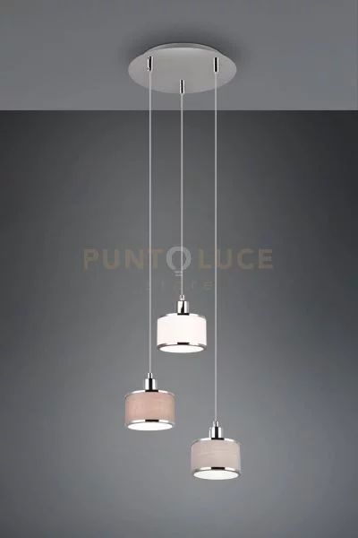 Kaprun sospensione cromata con 3 paralumi grigio-bianco-marrone d.