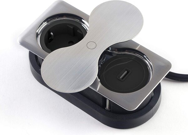 Presa di corrente da incasso angolare (1 x connessione USB / 1 x presa Schuko) look acciaio inox con copertura girevole push to open Presa di corrente doppia per piani di lavoro e scrivanie di SOTECH