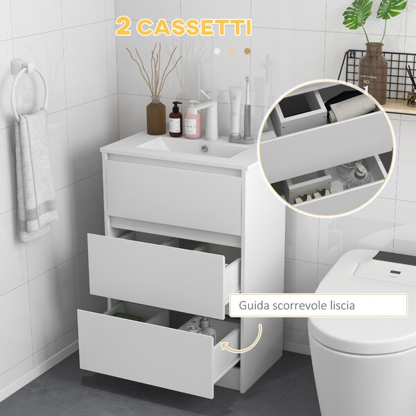 Kleankin Mobiletto Bagno a 2 Cassetti in Truciolato con Lavabo in Ceramica Sintetica, 61x37x88 cm, Bianco