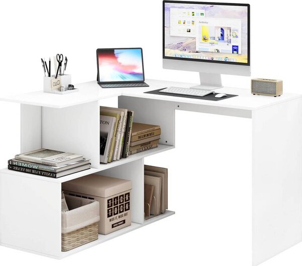WOLTU Scrivania Scrivania ad angolo Tavolo da lavoro per PC Laptop, con ripiani, MDF : Bianco Colore: Bianco