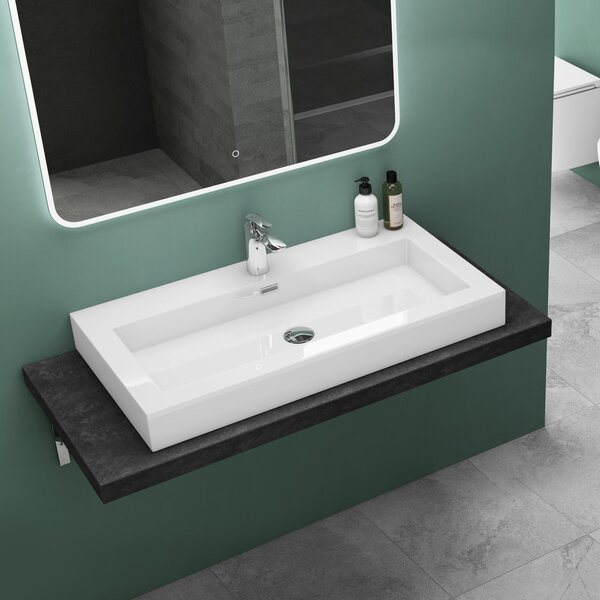 Mai & Mai Lavabo Lavabo sospeso Lavabo da appoggio Minerale fuso bianco 1 foro per rubinetto rettangolare Larghezza: 90 cm col18