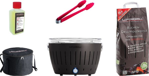 LotusGrill Starter-Set Classic 1x griglia grigio antracite con connessione USB, 1x carbonella di faggio da 2,5 kg, 1x pasta combustibile da 200 ml, 1x pinza per salsicce (colore a seconda dello stock), 1x borsa per il trasporto
