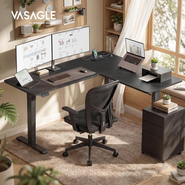 Scrivania regolabile in altezza VASAGLE, 160 cm, a L, scrivania angolare, 2 prese CA, 2 porte USB-A, ripiano per ciabatta elettrica
