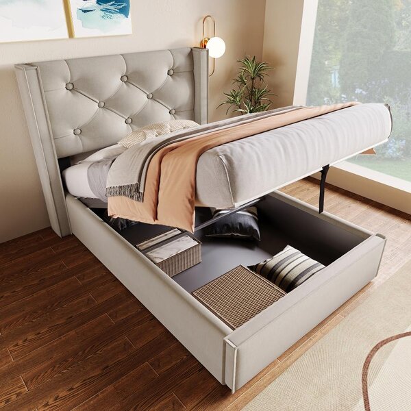Letto imbottito 90x200 cm con letto estraibile, illuminazione LED, prese USB e di tipo C, rivestito in velluto color grigio chiaro, divano letto con poggiatesta e schienale