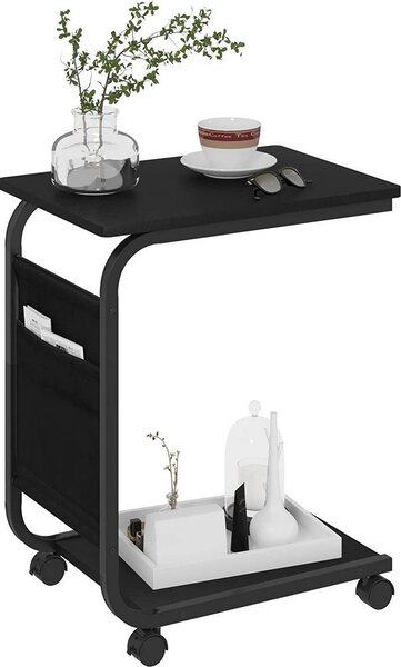 WOLTU Tavolino, tavolino con 2 ripiani 1 tasca laterale, tavolino da divano con vano portaoggetti, tavolino da soggiorno a forma di C, su rotelle, per divano letto, in materiale a base di legno metallo, 50x62x35 cm, nero