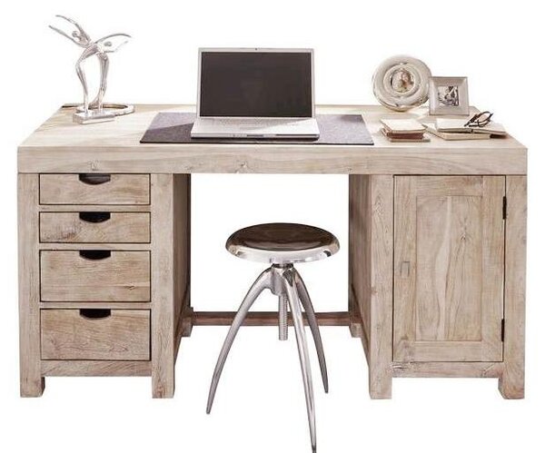 MASSIVMOEBEL24 | scrivania in legno di Acacia 150x75x78 pietra bianca sbiancato NATURE WHITE #70
