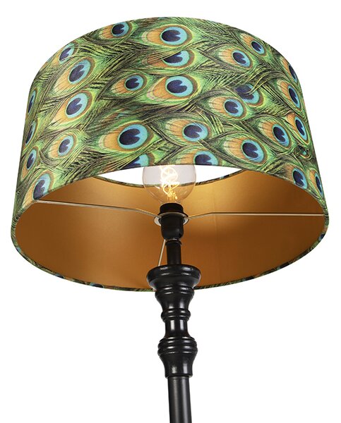 Lampada da terra nera con paralume in velluto pavone oro 50 cm - Classico