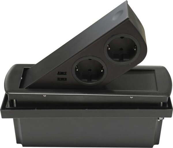 Presa di corrente incorporata (2 x connessione USB / 2 x presa Schuko) nera incl. spina con elemento di presa ad apertura push to open per piani di lavoro e scrivanie di SOTECH