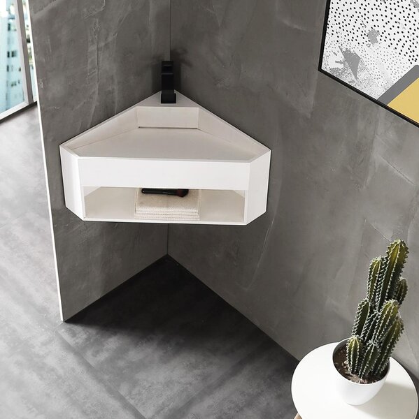 Lavabo a parete, lavabo angolare TWG70 in resina minerale - 50 x 50 x 28 cm - Bianco opaco