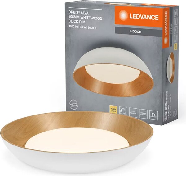 Ledvance Lampada da soffitto a LED Orbis Alva Bianco/Legno rotonda Ø50,5cm 36W 4700lm bianco caldo 3000K 3 livelli di regolazione dell'intensità luminosa con clic